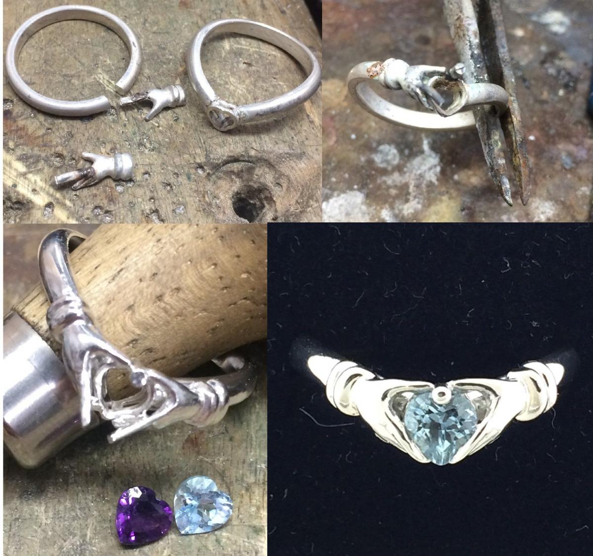 Four views of a Claddagh ring being made: raw silver, pliers at the bench, stones on a mandrel, and the finished piece.